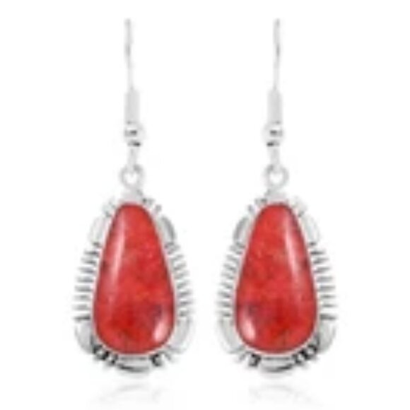 Southwestern Red Coral Dangle Earrings in 925 Sterling Silver & French Hooks NWT - Picture 1 of 6